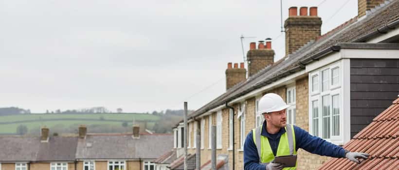 A tradesperson inspecting roof tiles on a UK terrace house before a storm