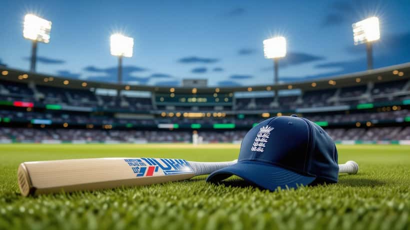 England cricket cap and bat on a floodlit stadium pitch, symbolising Jamie Smith's 2026 T20 World Cup squad omission