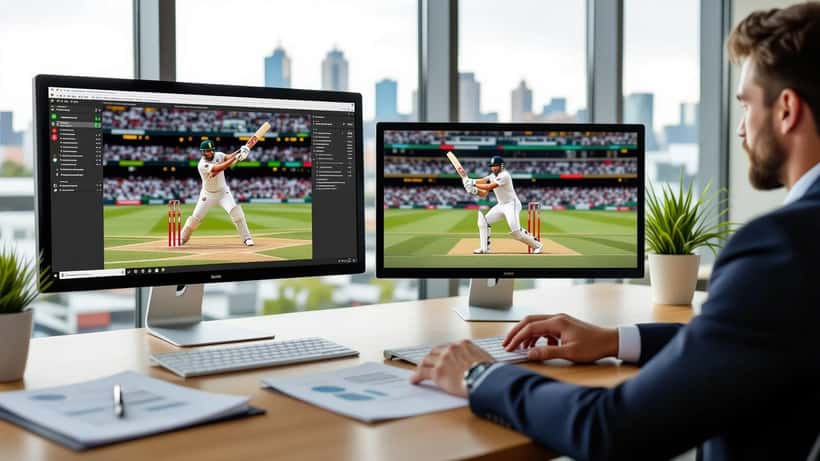 Australian lawyer reviewing sports betting regulations and cricket match on screen in Sydney office
