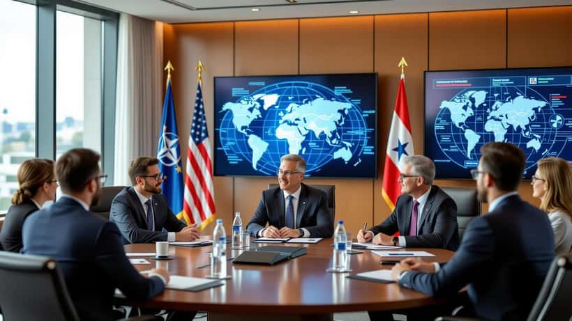 Mark Rutte als NATO-Generalsekretär bei einer Sicherheitskonferenz mit europäischen Flaggen und Strategiedisplays