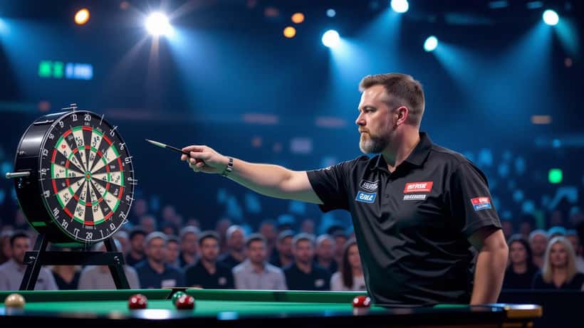 Darts player at the oche mid-throw in a professional arena in Leicester, stage spotlight, crowd in background
