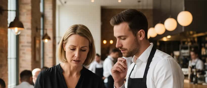 British woman showing allergen information on a menu to a restaurant waiter in a UK restaurant