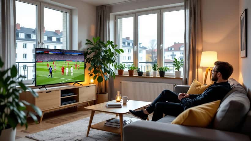 Erschöpfter Mann schaut WM 2026 Turnierbaum auf TV-Bildschirm nachts im dunklen Berliner Wohnzimmer