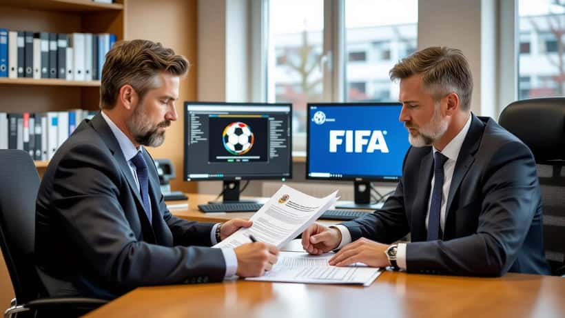 Suomalainen urheilujuristi käy läpi FIFA-sopimusta toimistossa Helsingissä