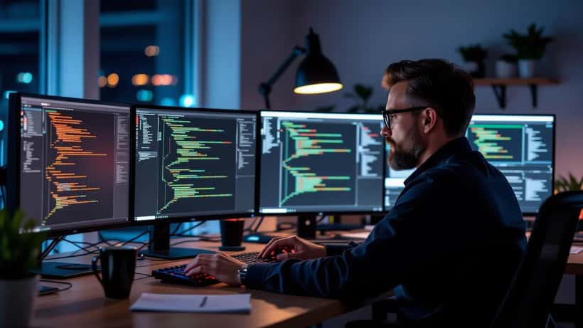 Especialista em informática analisa alertas de segurança em monitores num escritório em Lisboa