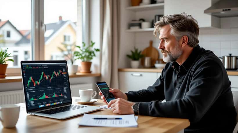 Dansk privatinvestor kigger bekymret på aktiekurser på en laptop ved køkkenbordet