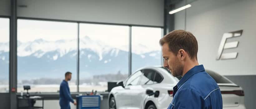 Österreichischer Kfz-Mechaniker in blauer Uniform prüft mit Diagnosetablet ein weißes Elektroauto in moderner Werkstatt
