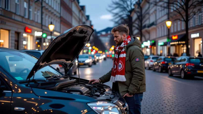 Mann sjekker kjølevæskenivå under panseret på bilen sin etter en VM-feieringskveld i Oslo
