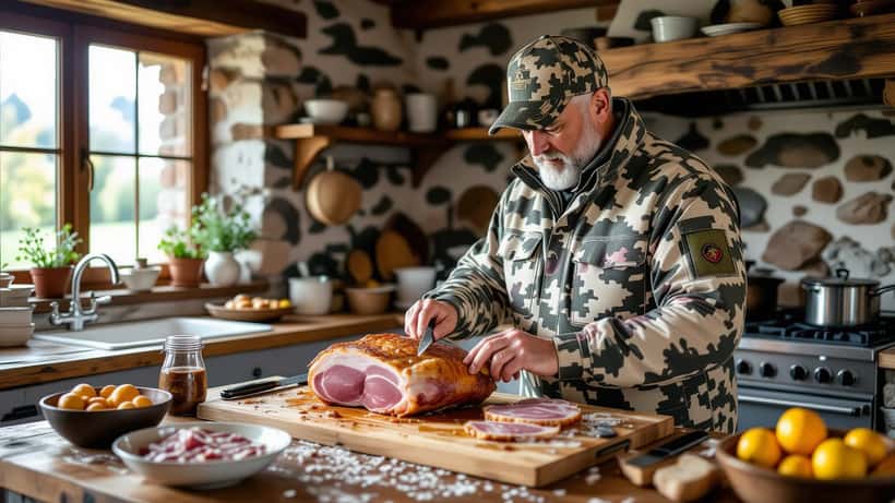 Chasseur français préparant de la viande de sanglier dans une cuisine rustique des Ardennes, jambon artisanal sur une planche en bois, saison de chasse 2026