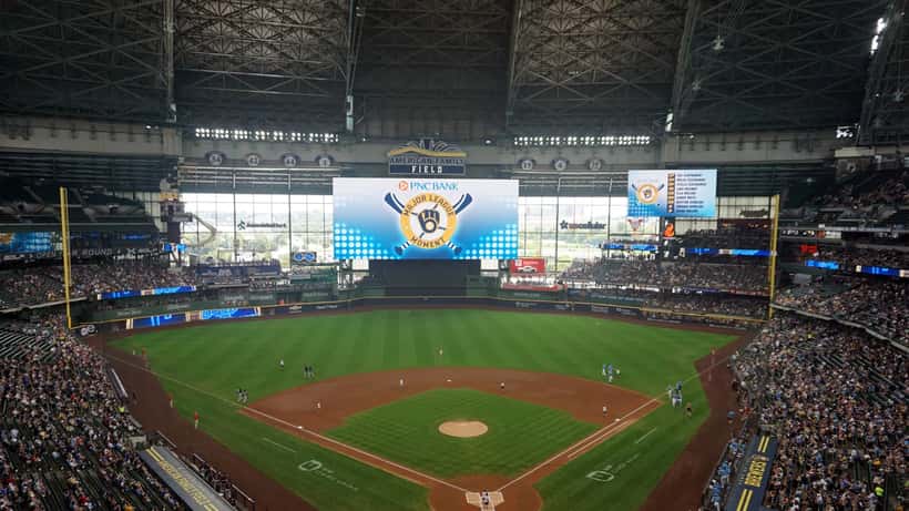 Players in action at American Family Field during a Milwaukee Brewers game