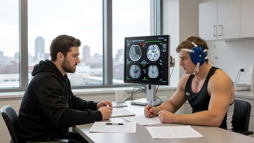 Sports medicine doctor reviewing brain MRI scan with athlete patient in consultation room