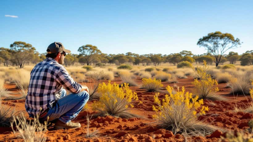 Cleared scrubland with remnant saltbush in rural South Australia, bare red-brown soil visible where native vegetation was removed