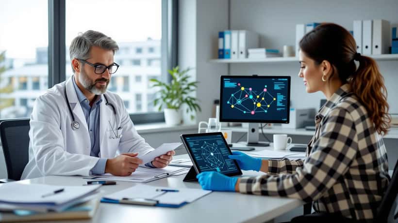Infektionsmediziner erklaert Indexfall-Diagramm auf Tablet in Muenchner Klinik