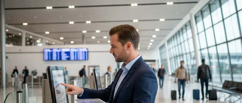 IT security professional inspecting biometric facial recognition passport gate at Manchester Airport terminal
