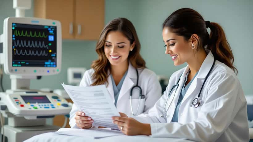 Female cardiologist reviewing echocardiogram results with a young female patient in a Toronto cardiology clinic