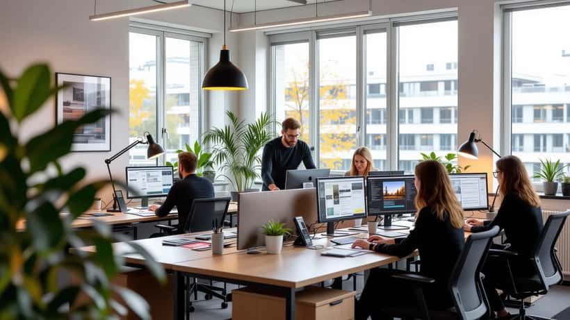 Modern skandinavisk redaktion med journalister vid skrivbord i dagsljus