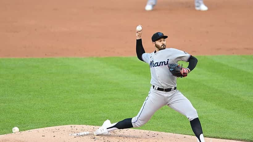 Miami Marlins pitcher delivering a pitch during a Major League Baseball game