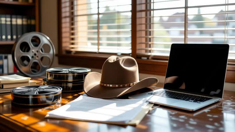 Attorney's desk with a vintage cowboy hat, film reels and estate licensing documents in a Los Angeles law office