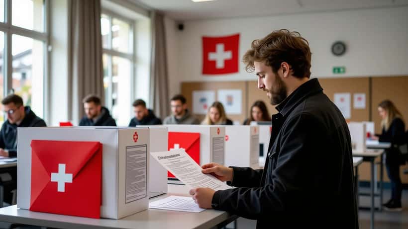 Jeune homme suisse dans un bureau de vote tenant le bulletin de vote sur la réforme du service civil juin 2026