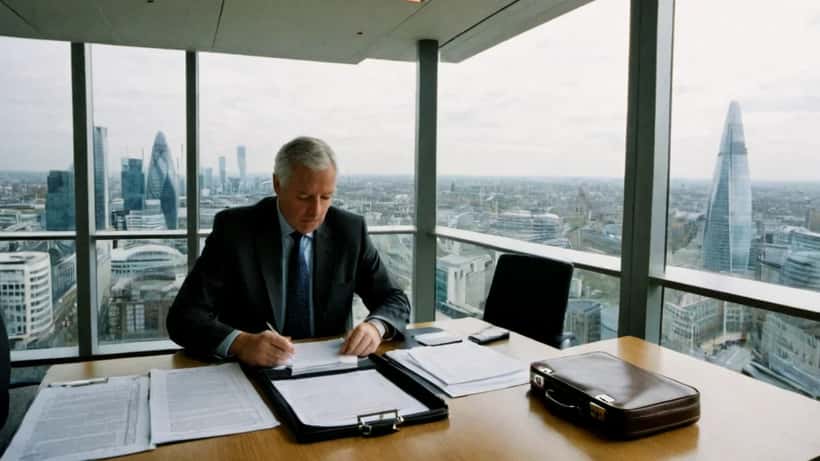 Senior executive reviewing an employment contract at a boardroom table in a London office