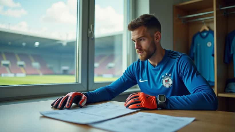 Profifußballer studiert Finanzunterlagen in der Kabine, Gelsenkirchen