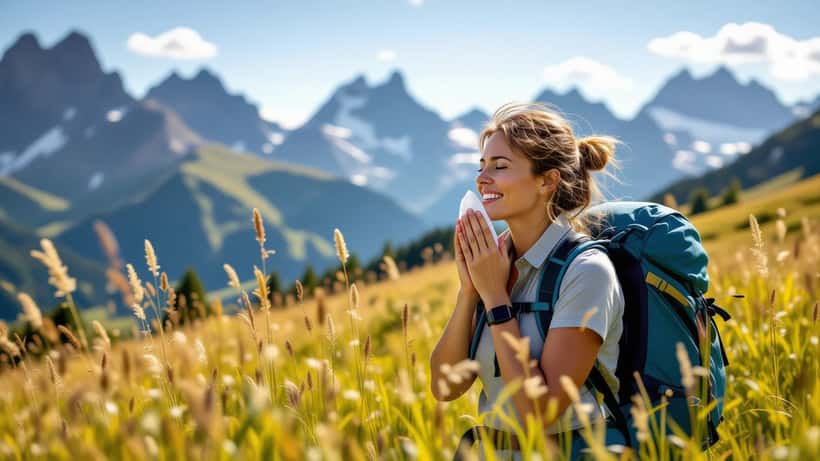 Randonneuse suisse éternuant dans une prairie alpine avec pollen de graminées en juillet 2026