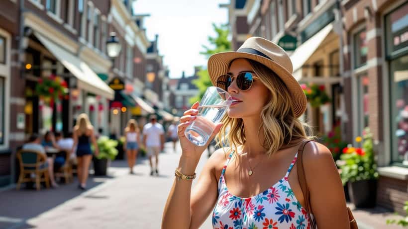 Persoon die water drinkt op warme zomerdag in Utrecht