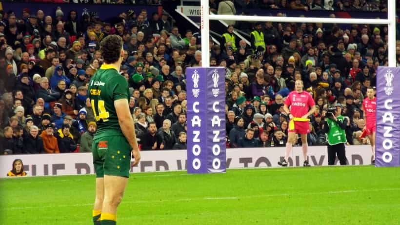 Nathan Cleary kicks at goal during the 2021 Rugby League World Cup Final