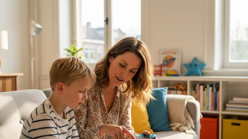 Nederlandse moeder en kind bekijken Nintendo Switch instellingen samen op de bank in Amsterdam