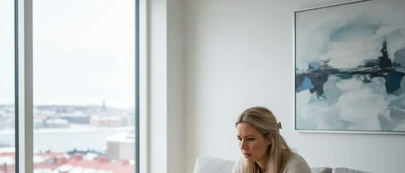 Kvinna i modern lägenhet tittar oroligt på sin smartphone med bekymrad min