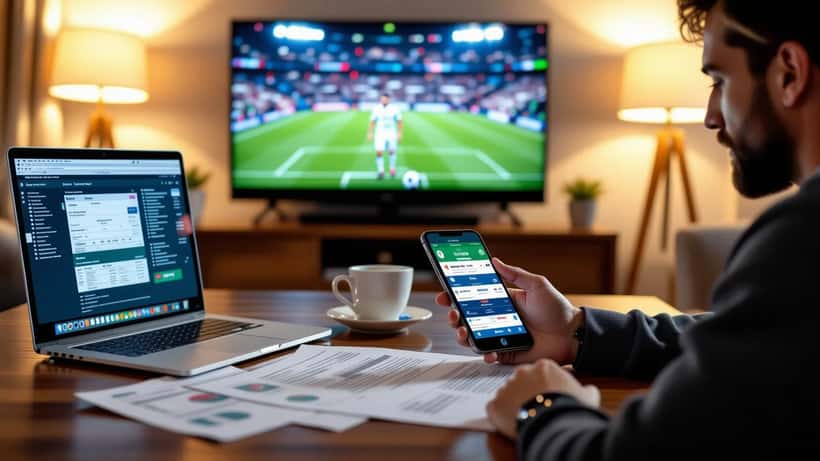 American sports bettor reviewing World Cup odds on a phone beside IRS tax forms on a table