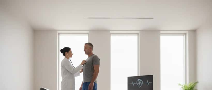 Médecin du sport examine un sportif amateur en cabinet médical moderne