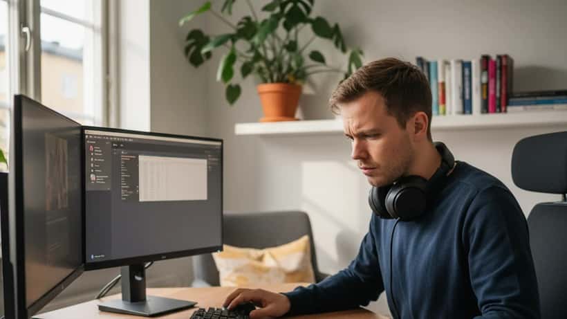 Ung svensk man granskar skattehandlingar vid gaming-dator hemma i Stockholm