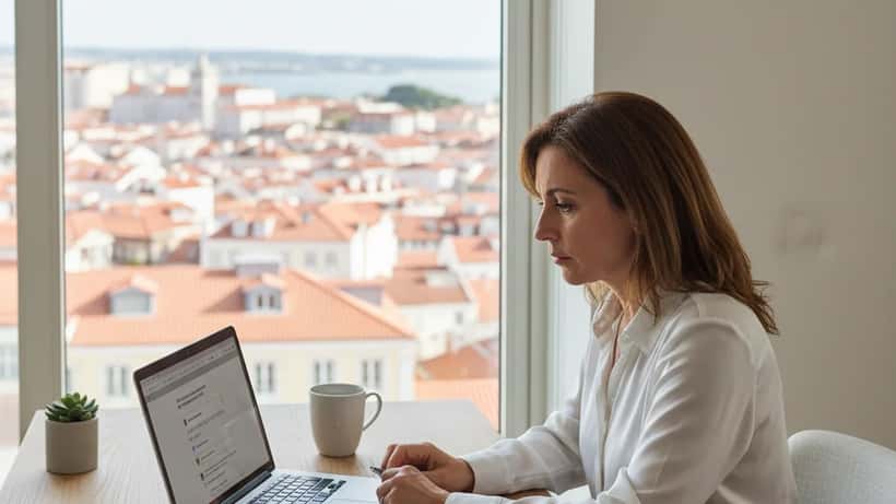 Mulher portuguesa em home office em Lisboa a consultar o Portal das Finanças no computador