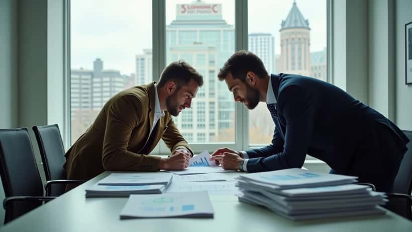 Profisportler und Finanzberater prüfen gemeinsam Vertragsunterlagen in einem modernen Münchner Büro