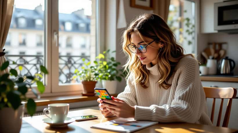 Femme dans la cinquantaine jouant à Wordle sur smartphone à la table de cuisine parisienne le matin