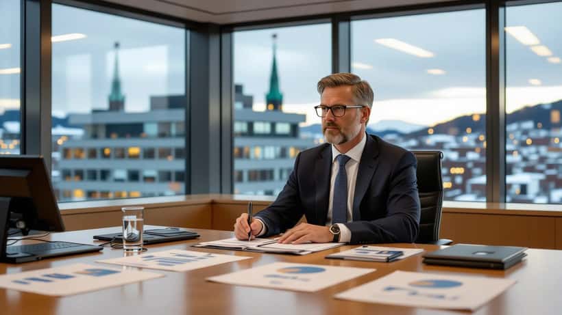 Norsk finansrepresentant presenterer revidert budsjett 2026 med dokumenter og grafer på bordet