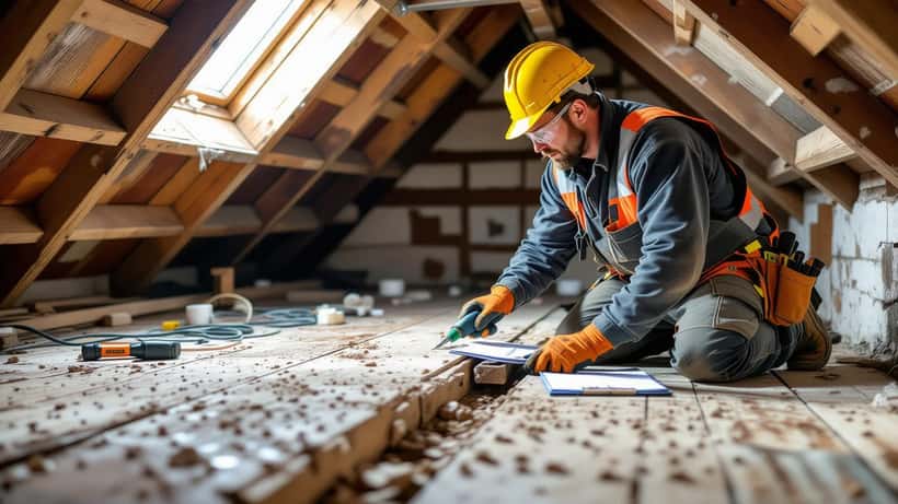 British tradesperson inspecting rotting timber joists in UK period property