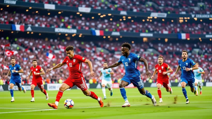 Türkische und französische Fußballspieler auf dem UEFA Nations League Rasen, Istanbul 2026