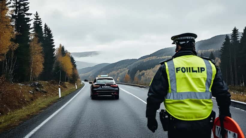 Norsk politimann i gul vest holder stoppskilt ved veiside kontroll