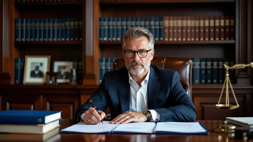 Dansk advokat gennemgår arvedokumenter og testamentpapirer ved skrivebord i advokatkontor