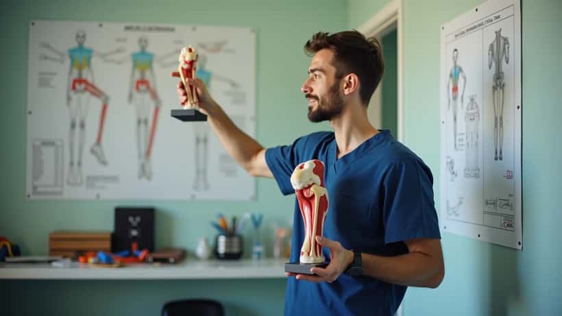 Physical therapist explaining knee ACL anatomy in a sports medicine clinic