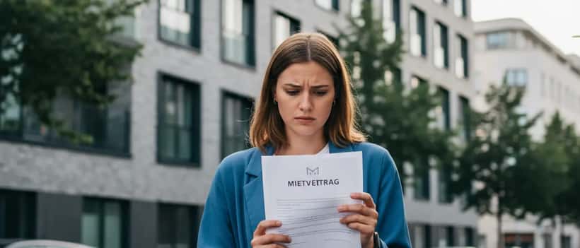 Deutscher Mieter hält Mietvertrag vor einem Wohngebäude
