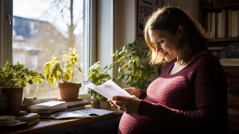Raskaana oleva nainen lukee Kelan kirjettä kotonaan Helsingissä