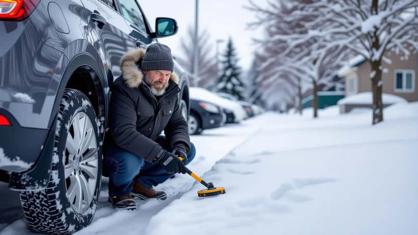 Bilmekaniker mäter mönsterdjup på vinterdäck i snöigt Sverige oktober 2026