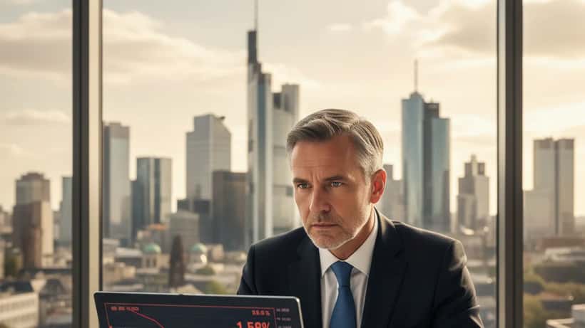 Frankfurter Geschäftsmann analysiert Börsendaten vor Stadtsilhouette angesichts US-Handelskrise