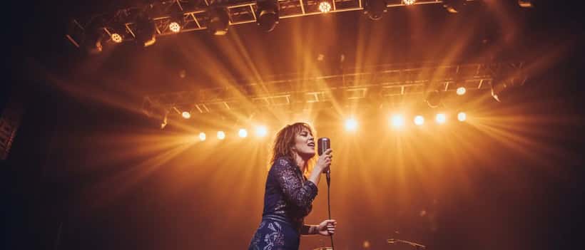 Chanteuse sur scène sous les projecteurs, microphone en main, éclairage dramatique