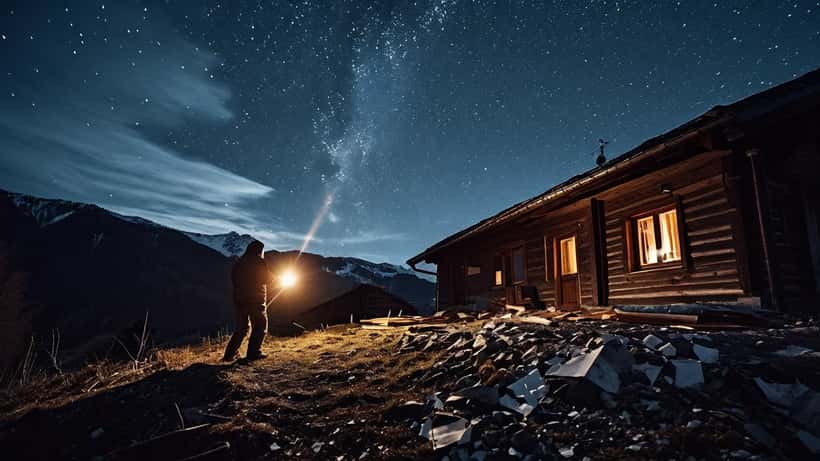 Feuerkugel über österreichischem Haus, Hausbesitzer prüft Schäden mit Taschenlampe