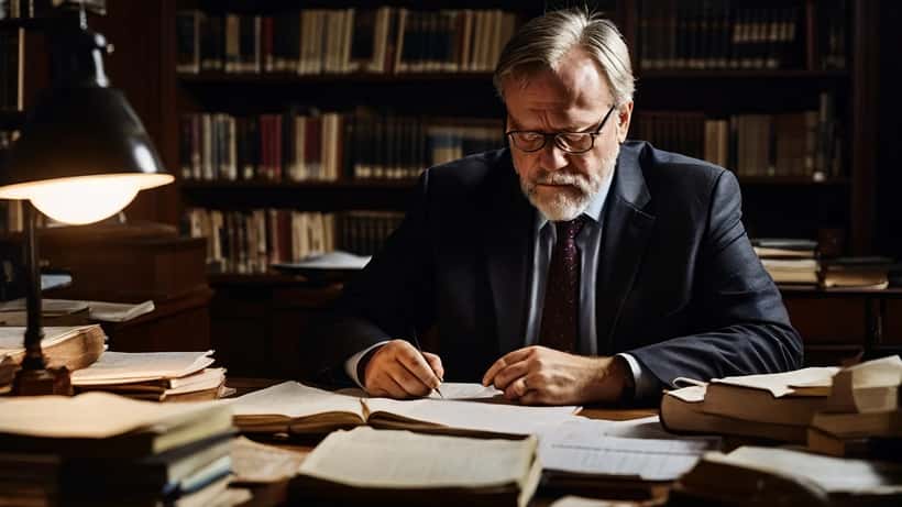 Lakimies tutkii psykiatrisia oikeusasiakirjoja toimistossaan
