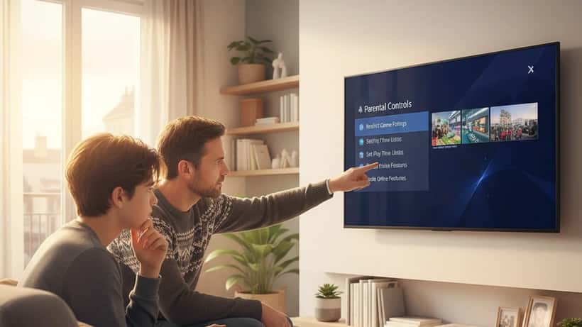 Père et fils français configurent les contrôles parentaux de la PlayStation 5 dans le salon familial